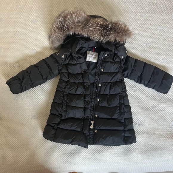 Moncler Kids Girls Puffer Jacket Coat, Black, Real Fur, Size 4 (104 cm)